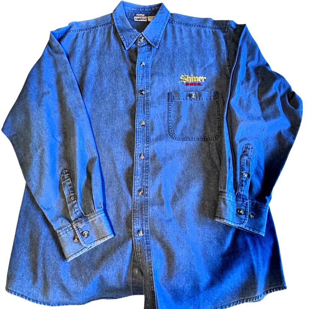 Shiner Bock Beer 1250 North Denim Button Down Shirt Mens Large EUC Blue